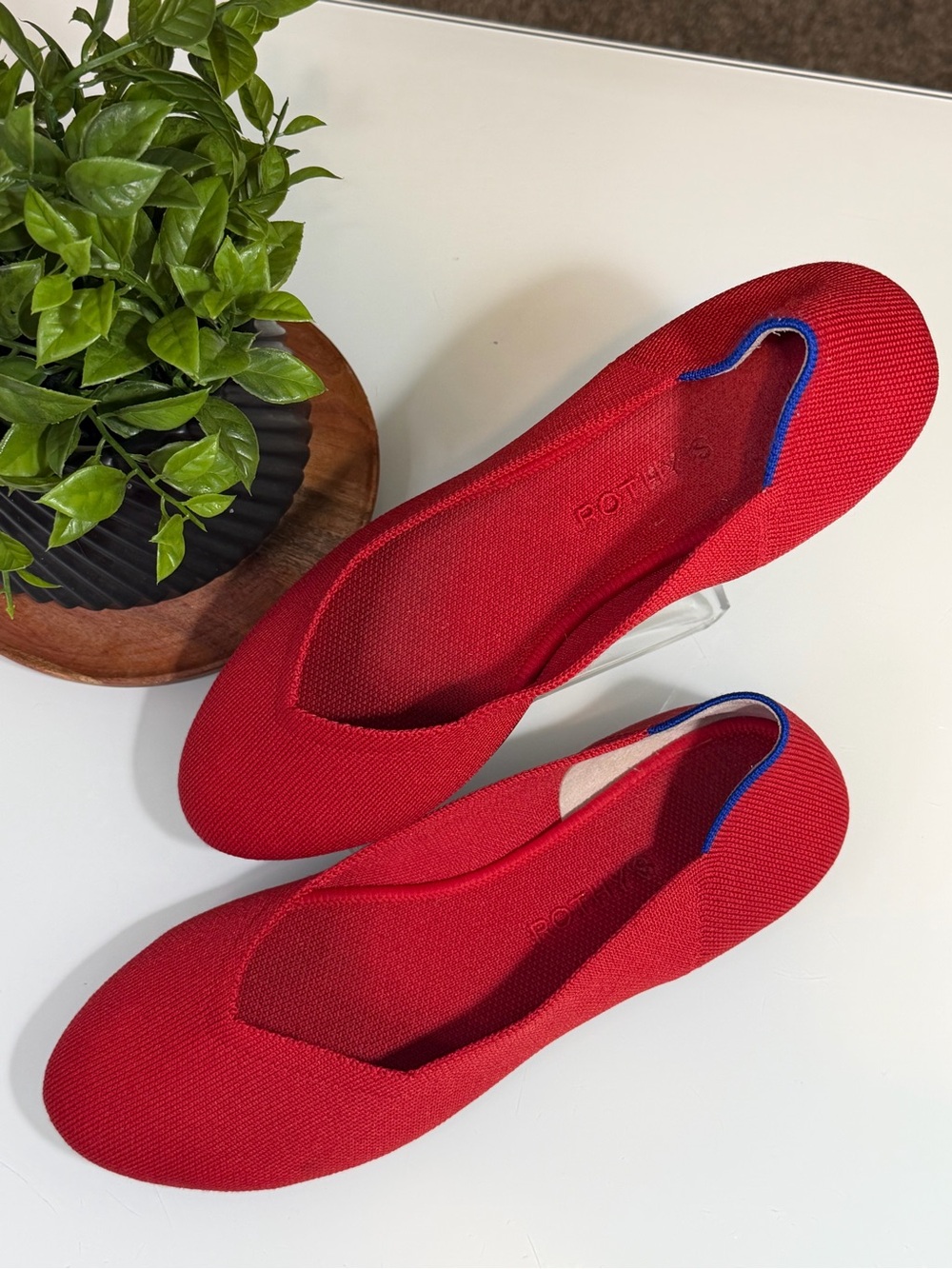 Rothy's The Flat Red Knit Ballet Flats with Blue Trim Size 10.5